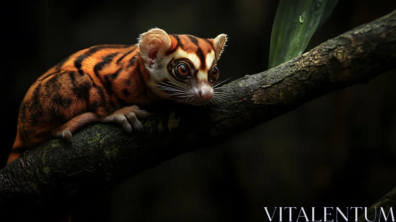 Shy striped forest creature resting on a shadowy branch.