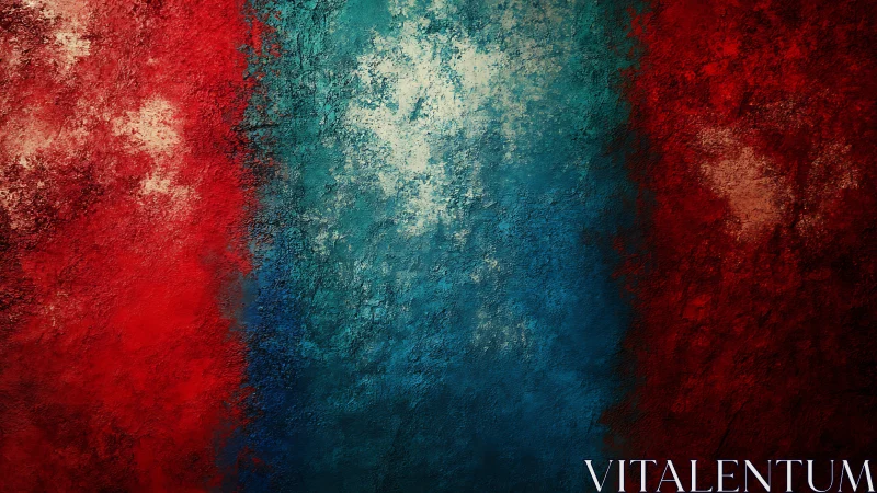 Textured tricolor abstraction with deep red and cyan fields.
