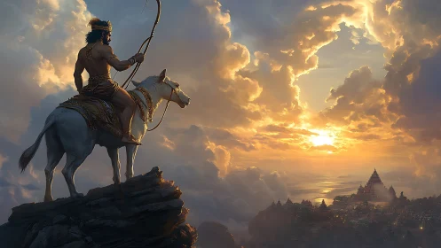 Warrior archer on white steed overlooking sunlit temple realm.