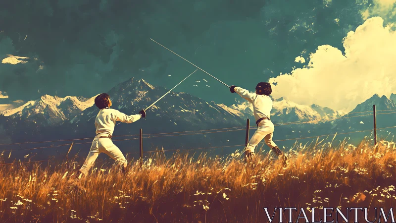 Mountain duelers crossing blades in a sunlit alpine field.