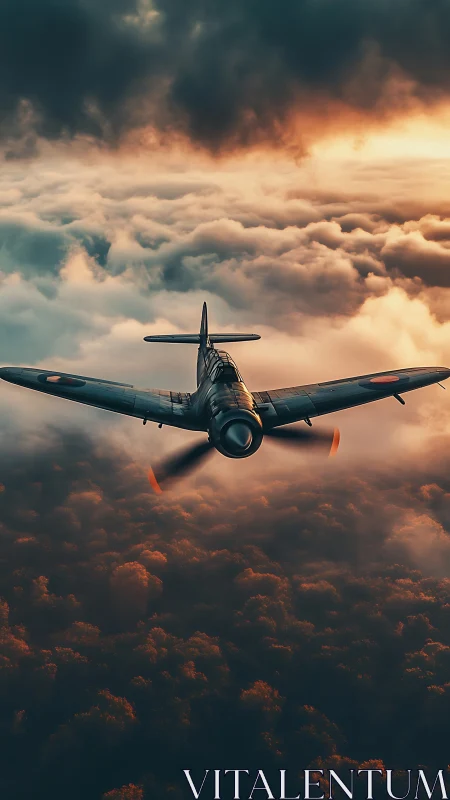 Stormlit warbird chasing the last ember of sunset sky.