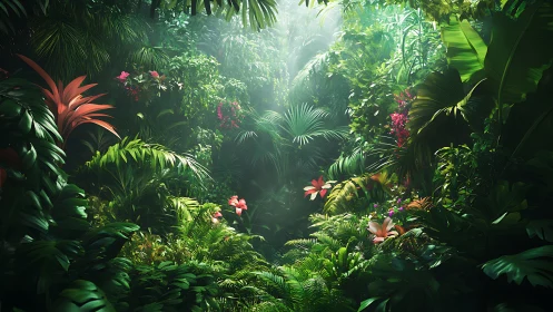 Lush Tropical Canopy Drenched in Ethereal Sunlight.