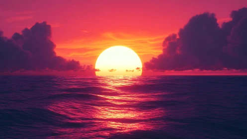 Hyper-saturated digital seascape renders a stylized neon sunset