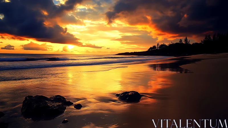 Golden shoreline sunset wrapped in storm-softened clouds.