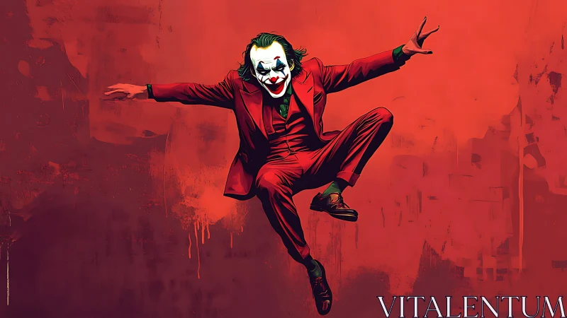 Stylized clown-figure in red suit against red backdrop.