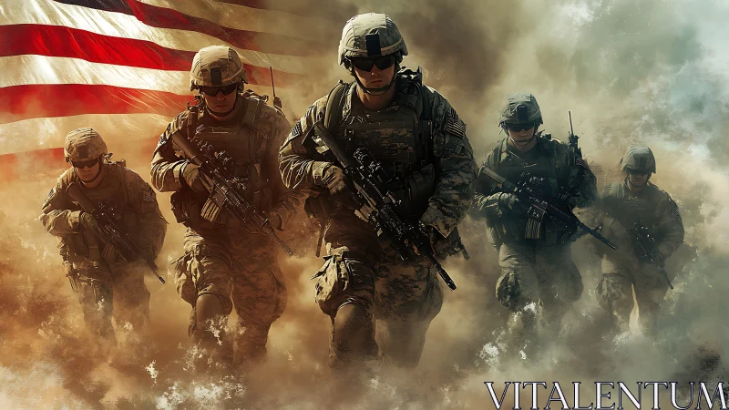 US soldiers advance through battlefield smoke and dust.