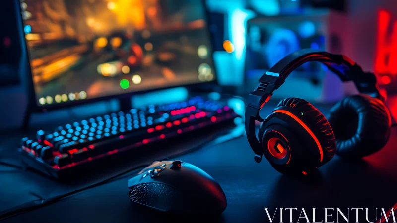 Neon lit gaming desk with cozy headset and glowing keys.