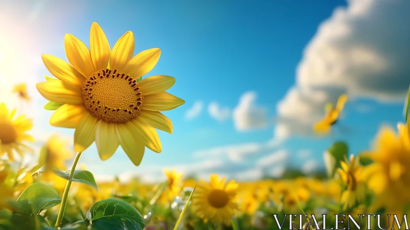 Closeup sunflower in bright summer field under blue sky.
