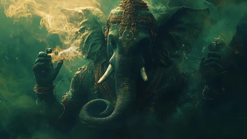 Mythic elephant-headed deity in emerald smoke and ember light