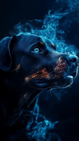 Luminous cyber-hound portrait with ethereal blue smoke.