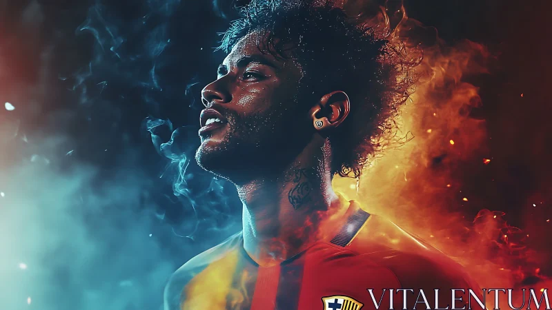 Digital portrait depicts footballer in dual-color smoke field