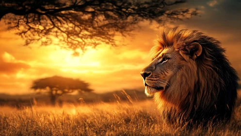 Backlit lion portrait under dramatic savanna sunset sky glow