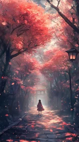 Girl walking under red trees on quiet shrine pathway.