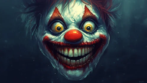 Wild-eyed clown grins in a boldly intense digital portrait