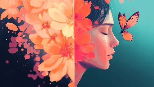 Floral-encoded portrait with butterfly in dual-color plane.