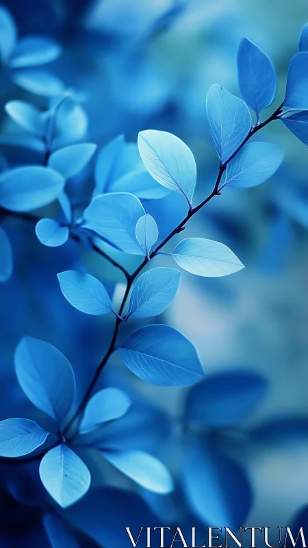 Monochromatic cyan foliage branch rendered in shallow focus