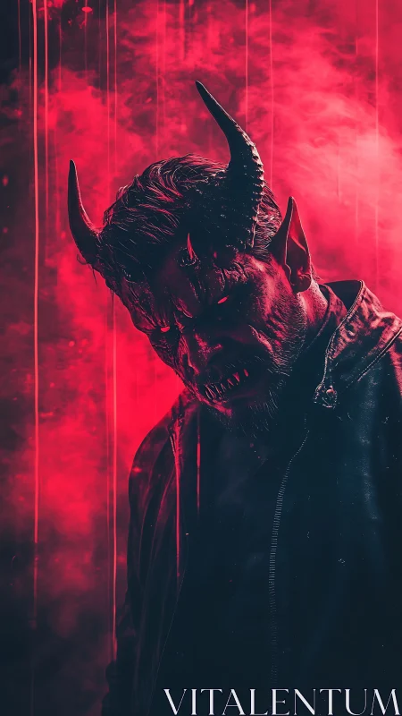 Brooding horned demon stands in crimson smoke and shadow
