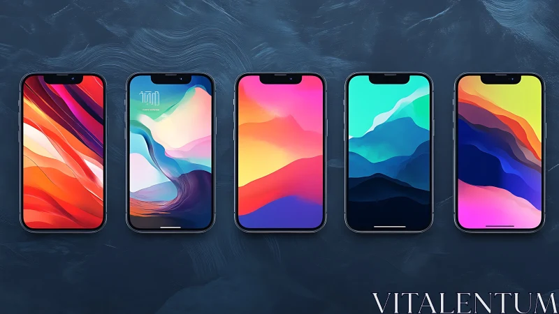 Five smartphones with gradient wallpapers rendered in digital form