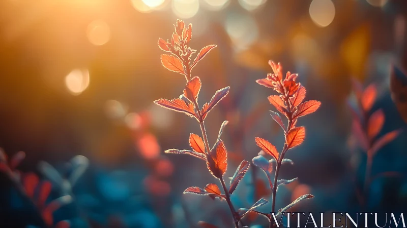 Backlit crimson foliage under shallow depth-of-field glow.