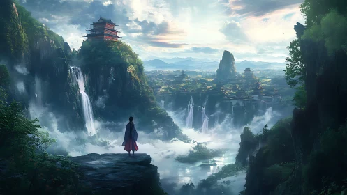 Mist-veiled mountain temple valley with cascading waterfalls.