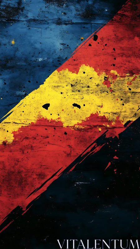 Diagonal tricolor storm slashes through distressed darkness.