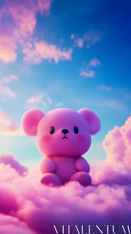 Pink toy bear sitting on fluffy pastel clouds at sunset.