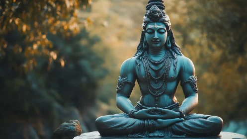 Meditative stone deity rendered with shallow-depth optics.