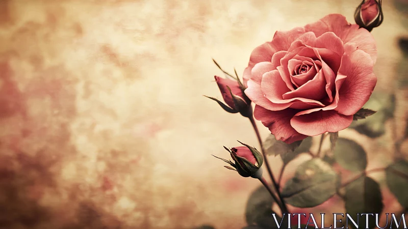 Soft pink rose blooms against textured vintage background