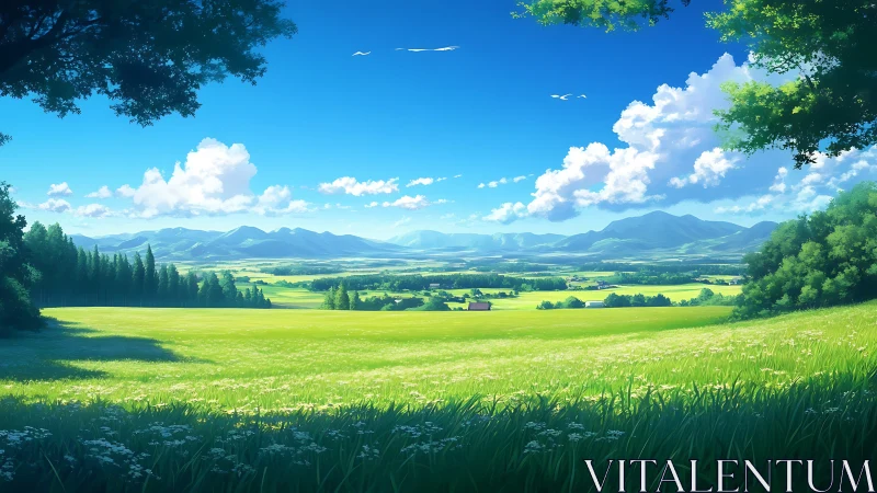 Wide rural valley landscape under clear summer sky.