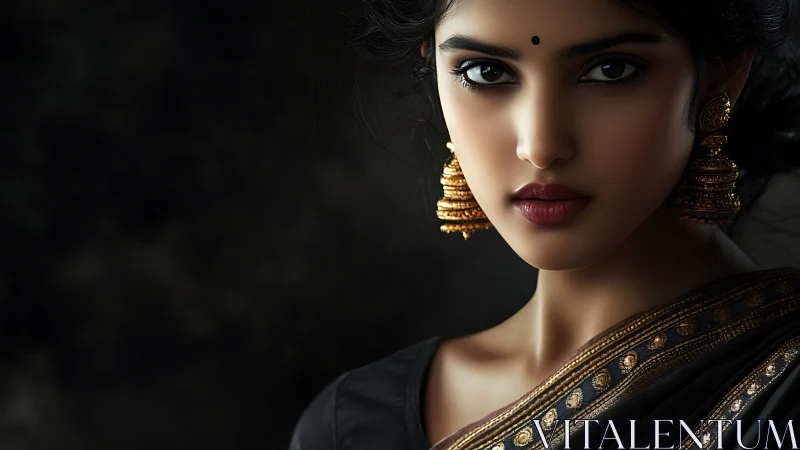 Elegant woman in black sari gazes into shadowed silence