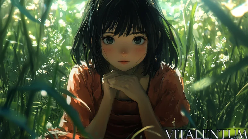 Girl with short dark hair kneels in sunlit tall grass field