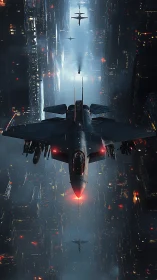 Futuristic fighter jets fly over dense cyberpunk cityscape.