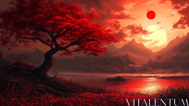 Red dusk tree overlooks tranquil lake and distant village