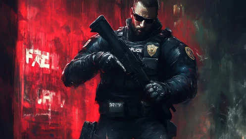 Midnight riot police sentinel steadies his pulse in neon storms