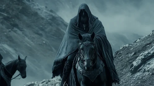 Hooded mounted figure travels through foggy rocky terrain