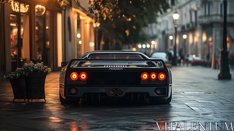 Rear view of black sports car on wet evening city street.