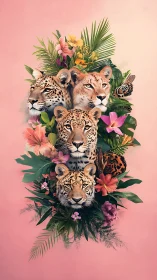 Wild Cats Bloom: Leopard, Lion, Tiger Stacked in Florals.