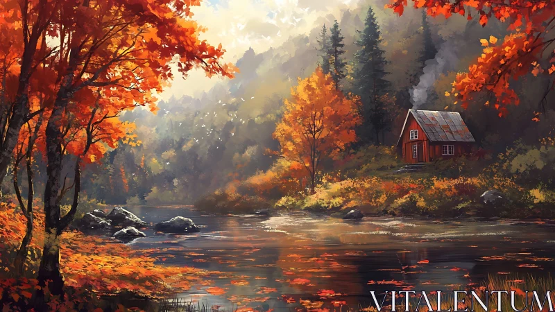 Riverside autumn cabin glowing beneath a whispering forest.