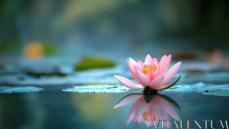 Pink water lily with reflection on calm pond surface.