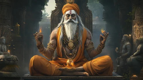 Mystic yogi levitating with fire orbs in carved stone temple