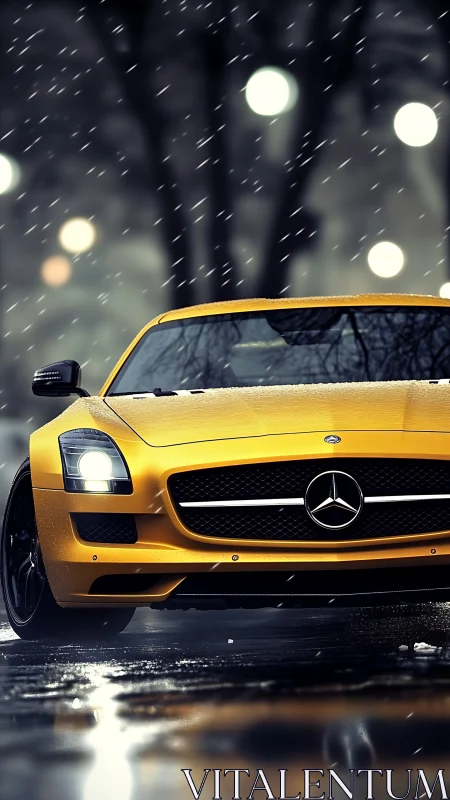 Yellow Mercedes sports car stands in rainy night street