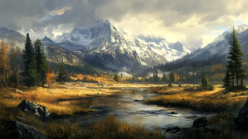 Riverlight drifts beneath brooding, snow crowned mountains