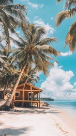 Wooden beach shelter beneath palm tree, tropical coastal setting