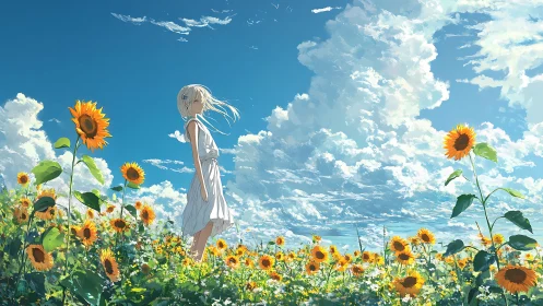 Girl in white dress standing in radiant summer sunflower field.