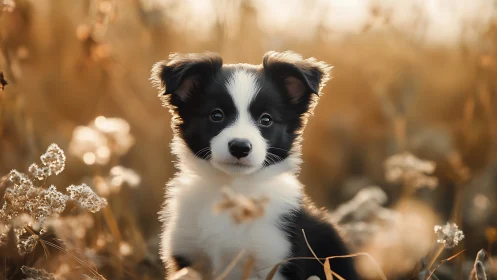 Black and white puppy in dry grass field at golden hour.