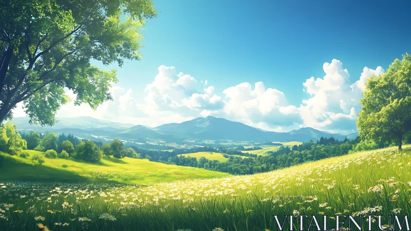 Sunlit green valley with wildflower meadow and distant hills.
