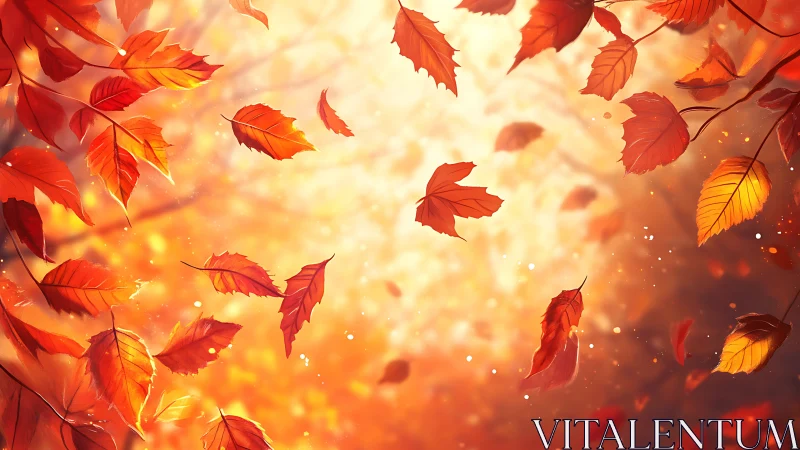 Golden autumn leaves swirl gently through glowing forest light