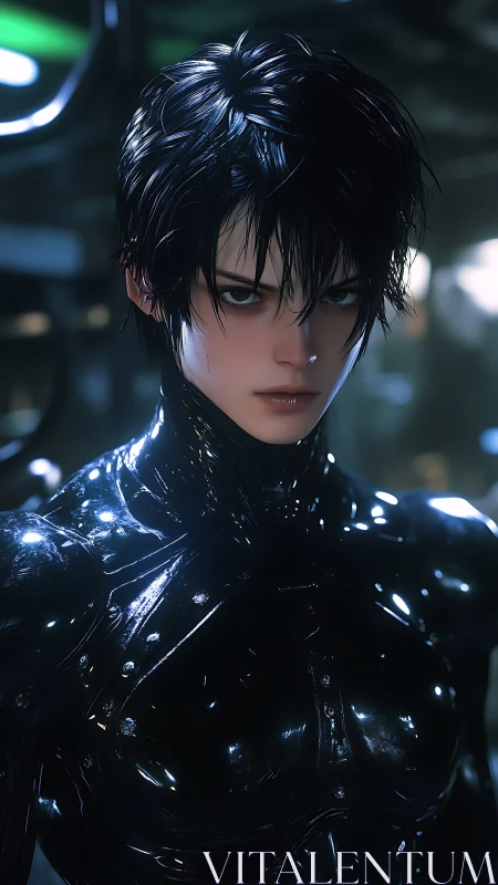 Rendered male android in reflective black biomechanical suit