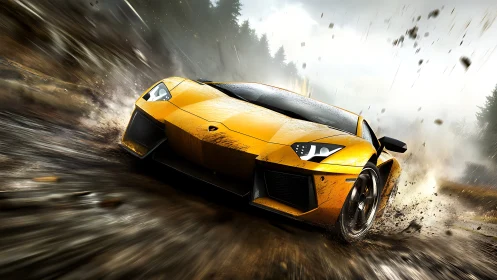 Yellow sports car drifts on wet dirt track at high speed