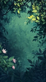 Forest Canopy with Illuminated Foliage and Pink Flowers
